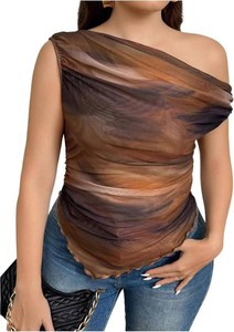 $18 BLUE COLOR (see photos) WDIRARA Womens Plus Size One Shoulder Tee Tie Dye Sheer Mesh Tops Ruched Asymmetrical T Shirt 2XL