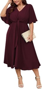 $43 SCOMCHIC Women Plus Size Midi Dresses Wedding Guest Short Sleeve V Neck Tie Waist Casual Summer Flowy A Line Dress Size XL
