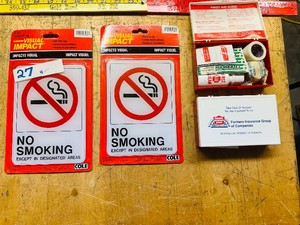 (2) 5x7 NO SMOKING SIGNS (adhesive back)  (2) Vintage Old Stock FIRST AID KITS - Farmers Indirance Group