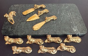 Vintage Green Marble Cheese Tray Set with Brass Cheetahs and Brass Cheetah Name Card Holders
