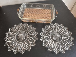 Pyrex Holiday Baking Dish and Two Glass Serving Plates