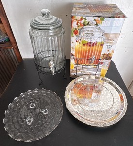 Glass Beverage Dispenser, Silver Colored Serving Tray and a Fostoria Cake Plate