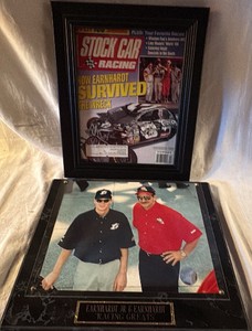 Framed Stock Car Racing Magazine and Racing Greats Commemorative Plaque