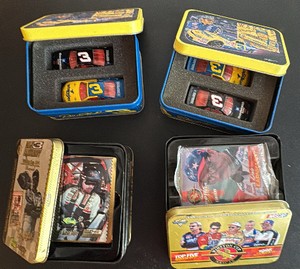 2 - Two Car Tin Sets and 2 Tins of Embossed Race Cards
