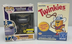 Collectible Funko pops, including twinkies, with t shirt size, medium and guardians of the galaxy number 78 Thanos both are new in box