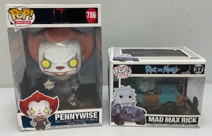 Collectible Funko pops, new and box, including pennywise, mad max, rick from Rick and Morty