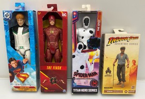 Miscellaneous twelve inch superhero action figures and more new inbox, including indiana jones.