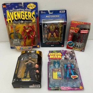 Miscellaneous collectible action figures, including Ironman and wrestling. All new in box.