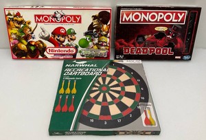 Vintage games including monopoly Nintendo collectors edition, Marios brothers, Deadpool monopoly and magnetic dartboard