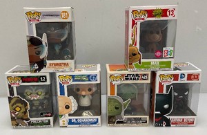 Miscellaneous collectible Funko pops including batman, Yoda and more all new old stock.