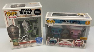 Miscellaneous collectible funko pops, including stitch and angel and Star Wars. All new old stock.