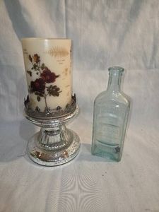 Vintage silver tone candle holder w candle and vintage bottle