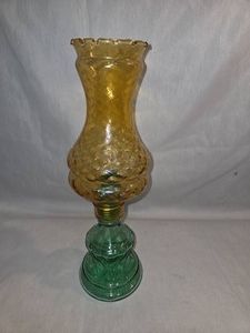 Vintage miniature amber green glass oil lamp