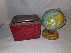 Vintage chewing tobacco tin and mini globe