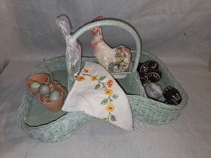 Vintage wicker basket with rooster and eggs