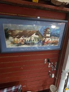 VINTAGE Framed watercolor village landscape