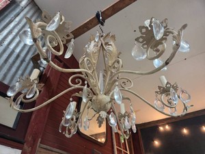 VINTAGE Wrought Iron Chandelier with ornate leaf scrollwork and crystal prism accents