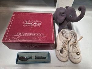 VINTAGE assortment baby shoes, baby spoon, Trivial Pursuit Baby Boomer Edition, Elephant stuffed animal