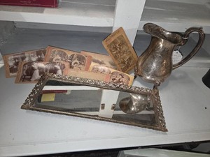 FUN Vintage home decor, creamer, platter mirror, antique picturespostcards