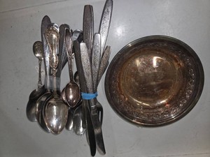 Assortment of vintage silverware and siler plated bowl