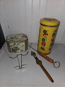VINTAGE FUN 2 decorative tins, wooden letter opener, glasses, Coca-Cola ice pick
