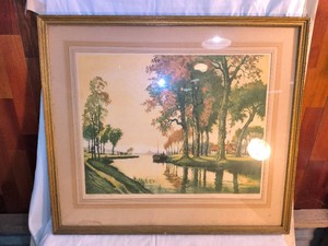 Antique Francis Roth Canal de Yonne River Landscape