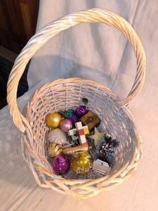 White handled Basket with Christmas Ornaments