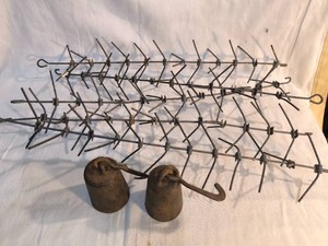 Antique Corn Dryers-and 2 Cast-Iron hanging scale weights
