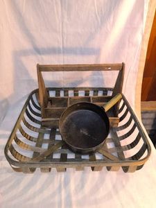 ANTIQUE of 3 pieces- Wooden tool caddy, woven square basket, small sauce pan