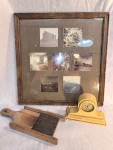 VINTAGE Pictured frame, clock and decorative wooden washboard