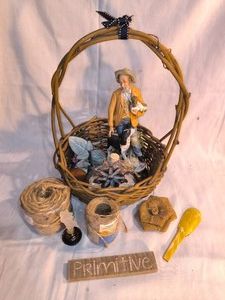 Crafting accessories, farmer figurine guy, wicker basket with handle