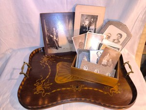 ANTIQUE wooden tray with antique pictures