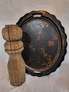 Antique Tray- With Salt or Pepper Shaker Wooden Design Piece-Lot of 2