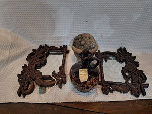 Assortment of vintage Home Decor- Wall hangs, stone floral piece, decanter