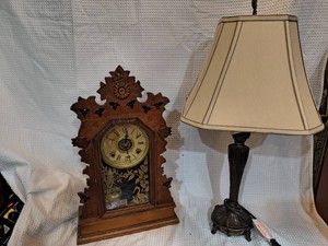 Gingerbread mantel clock & Small unique table lamp