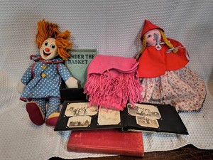 BOZO the Clown and Little Red Riding Hood vintage figures, a pink scarf, books, photo album