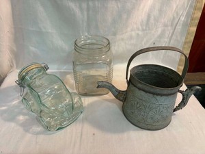 Car Shaped Glass Jar, Glass Jar, and Vintage Tin Watering Can