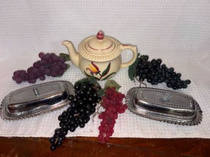 Vintage Teapot, Artificial Grape Bunches, Butter Dishes -Lot of 7