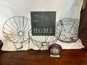 3 tier plant or fruit wire basket and vintage clock