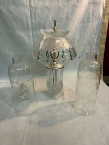 Vintage crystal Boudoir Lamp and 2 etched clear glass Lampshades