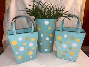 Set of 3 Matching Metal Polka Dot containersplanters-greenery included