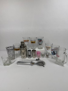 Lot of Assorted Barware Glasses Cocktail Shaker & Bar Tools