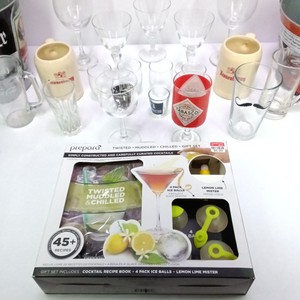 Lot of Assorted Barware Glasses Beer Steins Ice Buckets & Prepara Cocktail Gift Set