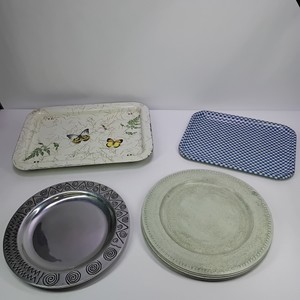 Lot of Serving Trays and 6 Green Speckled Dinner Plates
