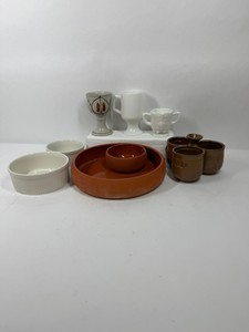 Lot of Assorted Ceramic Serveware, Ramekins, Chip & Dip Set, Goblets and Condiment Caddy