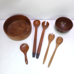 Lot of Wooden Salad Bowls and Serving Utensils Teak Thailand