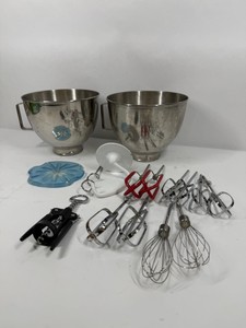 Lot of Kitchen Aid Mixer Bowls with Mixer Attachments & and other brands 