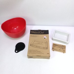 Pampered Chef Kitchen Accessories Lot with Red Bowl, Ceramic Trays & Box