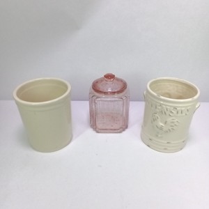 Lot of Pink Ceramic Candle Holder, Lidded Jar & Cups
