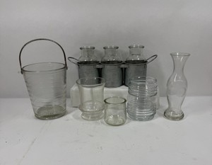 Lot of Glass Vases, Candle Holders & Metal Bucket Centerpieces